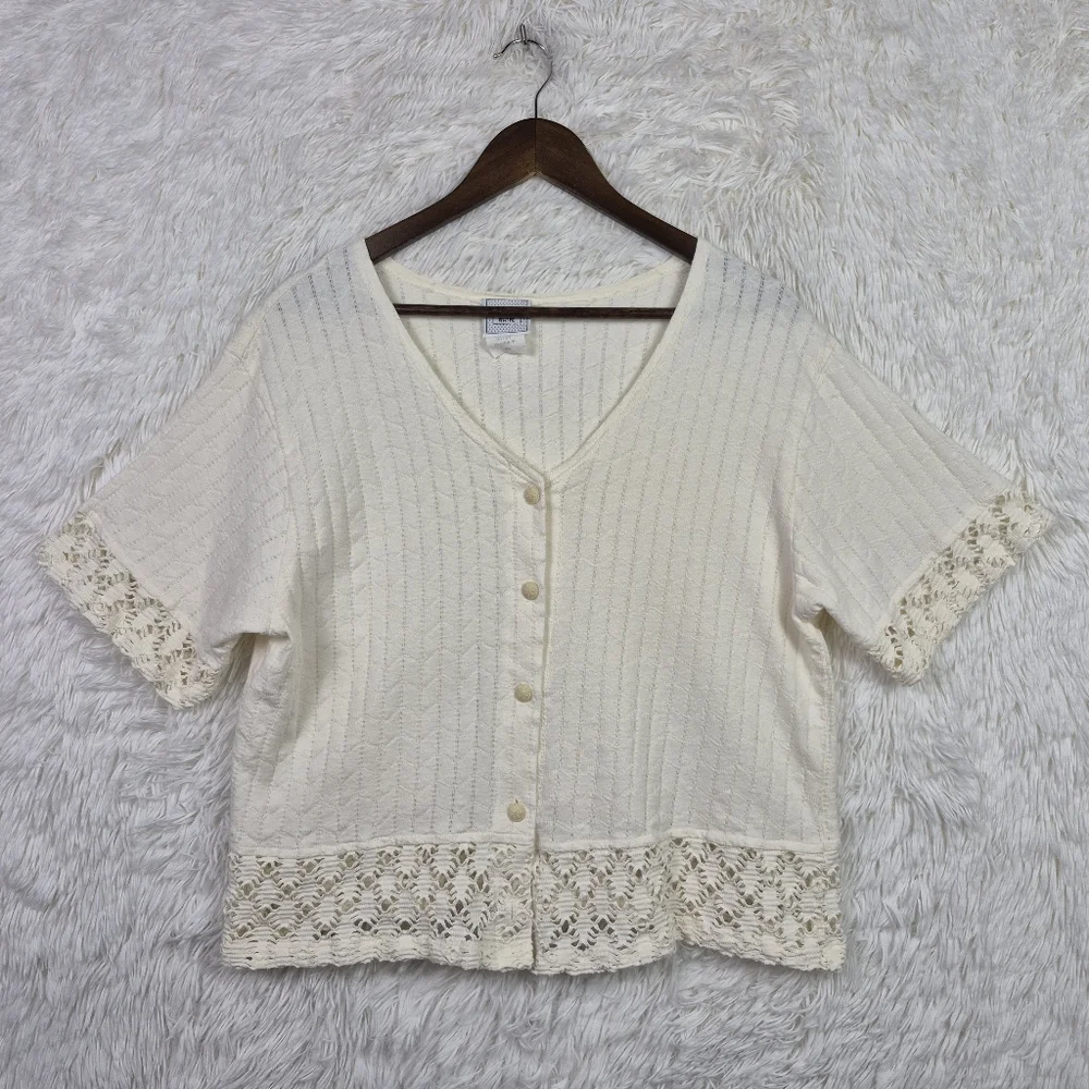Vtg David Wayne Lace Hem‎ Short Sleeve Cardigan Cottagecore